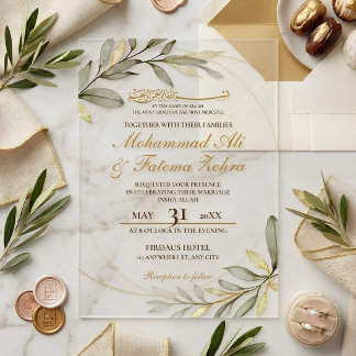 Gouden Bladeren Elegantie Moslim Trouw Nikah Acryl Uitnodigingen