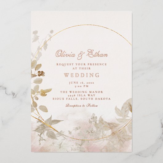 Gouden bladeren en Lijst bruiloft Folie Uitnodiging (Voorkant)