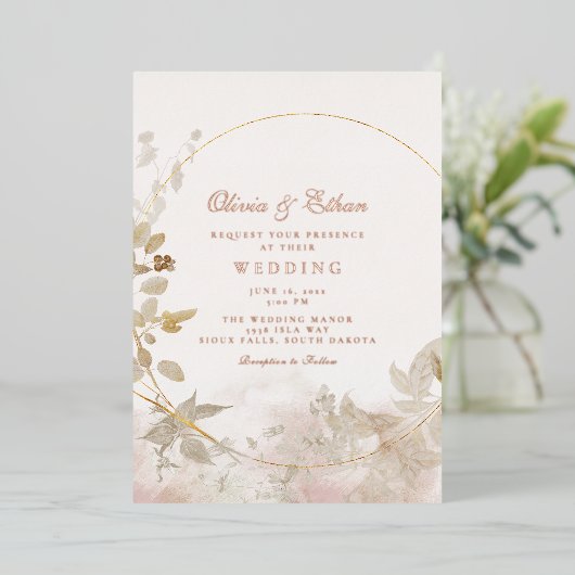 Gouden bladeren en Lijst bruiloft Folie Uitnodiging (Staand Voorkant)