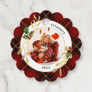 Gouden bladeren, Holly & Foto op Kerstmis Tartan Bedankjes Labels