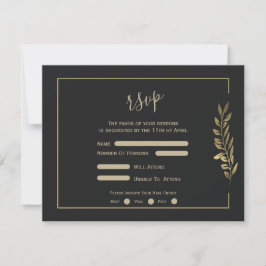 Gouden bladeren Modern Zwart Bruiloft RSVP Kaartje