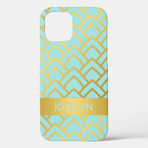 Gouden Blauwe Art Deco Geometrische Gepersonalisee iPhone 12 Hoesje