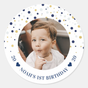 Gouden & Blauwe Ballonnen   1e Verjaardagsfeestje  Ronde Sticker