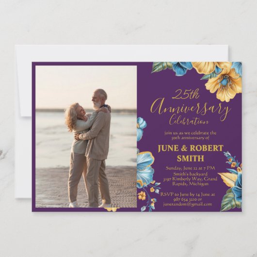 Gouden Blauwe Bloemen 25ste huwelijksverjaardag Kaart (Voorkant)