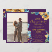 Gouden Blauwe Bloemen 25ste huwelijksverjaardag Kaart (Voorkant / Achterkant)