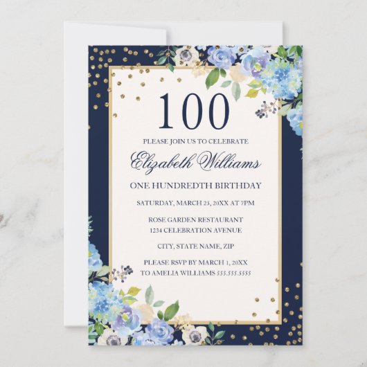 Gouden Blauwe Bloemen Sparkle 100ste Verjaardag Ui Kaart (Voorkant)