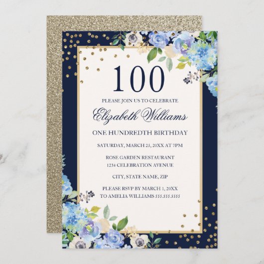 Gouden Blauwe Bloemen Sparkle 100ste Verjaardag Ui Kaart (Voorkant / Achterkant)