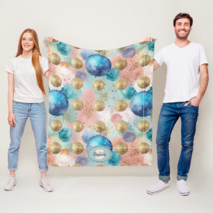 Gouden & Blauwe Cirkel Patroon met Glitter Accents Fleece Deken