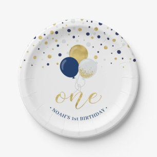 Gouden & Blauwe Confetti Ballonnen 1e Verjaardagsf Papieren Bordje