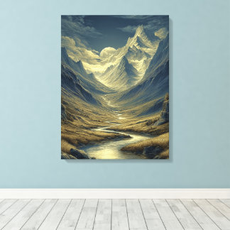 Gouden Blauwe Maneschijn, Gestileerd Berglandschap Canvas Afdruk