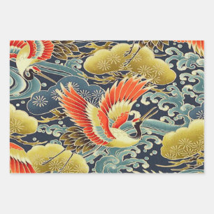 Gouden Blauwe Vogel Japans Kimono Bloemen Decoupag Inpakpapier Vel