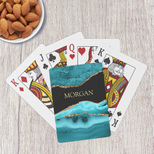 Gouden & Blauwgroen Agaat, Glitter, Gouden Naam op Pokerkaarten