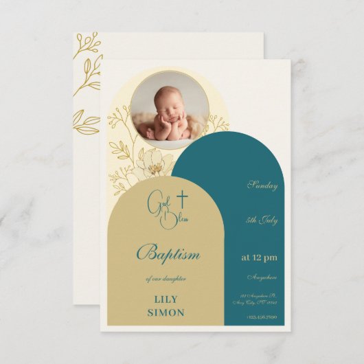 Gouden blauwgroen doop doop RSVP (Voorkant / Achterkant)