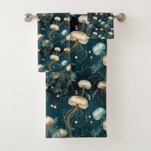 Gouden & Blauwgroen Etherische Kwallen Bad Handdoek