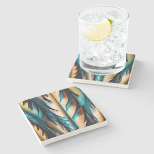 Gouden & Blauwgroen Feather Art Stenen Onderzetter