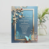Gouden blauwgroen takken, bladeren, vlinders bruil kaart (Staand voorkant)