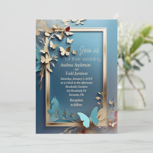 Gouden blauwgroen takken, bladeren, vlinders bruil kaart (Staand voorkant)