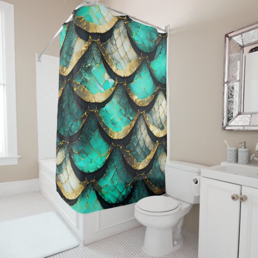 Gouden Blauwgroen weelde: Mermaid Tail Pattern Douchegordijn (In situ)