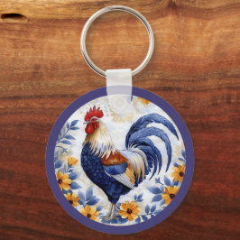Gouden Bloem Blauw Haan Boerderij Sleutelhanger