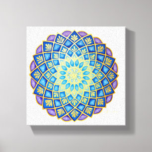 Gouden Bloem Blauw Paars Mandala Canvas Afdruk