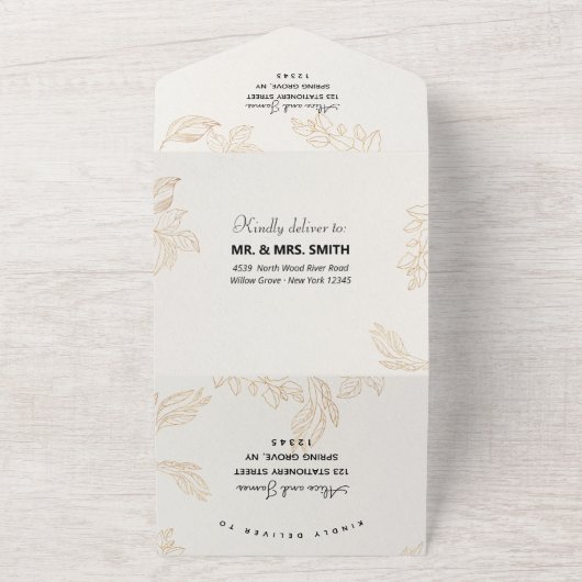 Gouden Bloem Geometrische Trouwdag All In One Uitnodiging (Buitenkant)