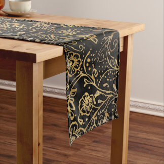 Gouden Bloem Patroon Zwarte Kerst Medium Tafelloper