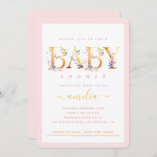 Gouden bloem uitnodiging roze babymeisje shower (Voorkant / Achterkant)