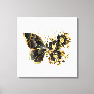 Gouden Bloem Vlinder met Zwarte Orchidee Canvas Afdruk