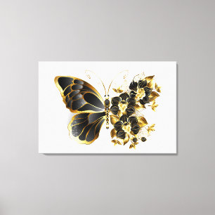 Gouden Bloem Vlinder met Zwarte Orchidee Canvas Afdruk