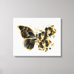 Gouden Bloem Vlinder met Zwarte Orchidee Canvas Afdruk