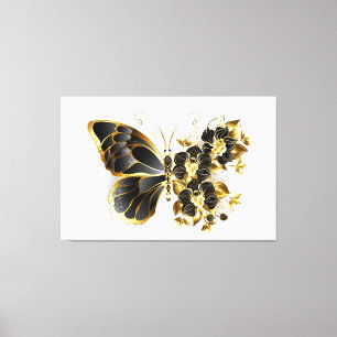Gouden Bloem Vlinder met Zwarte Orchidee Canvas Afdruk