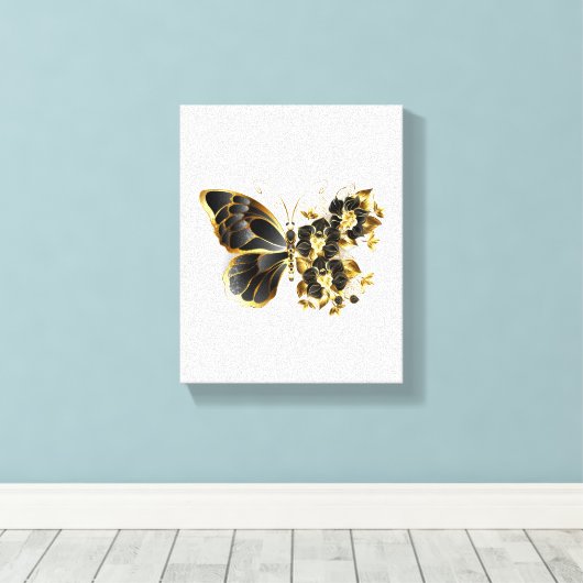 Gouden Bloem Vlinder met Zwarte Orchidee Canvas Afdruk (Insitu (Houten vloer))