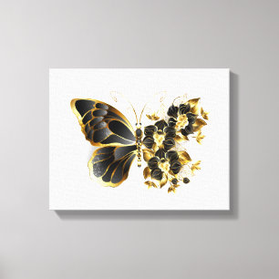 Gouden Bloem Vlinder met Zwarte Orchidee Canvas Afdruk