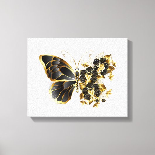 Gouden Bloem Vlinder met Zwarte Orchidee Canvas Afdruk (Voorkant)
