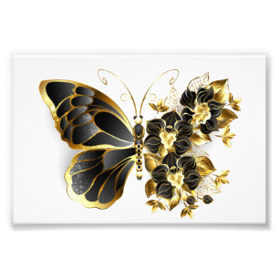 Gouden Bloem Vlinder met Zwarte Orchidee Foto Afdruk