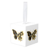 Gouden Bloem Vlinder met Zwarte Orchidee Kubus Ornament (Voorkant hoekig)