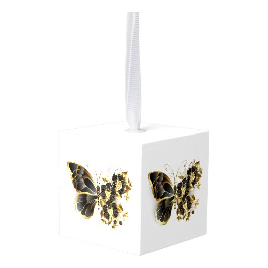 Gouden Bloem Vlinder met Zwarte Orchidee Kubus Ornament (Achter hoekig)