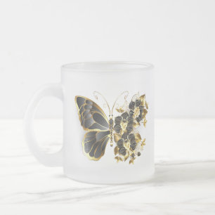 Gouden Bloem Vlinder met Zwarte Orchidee Matglas Koffiemok
