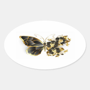 Gouden Bloem Vlinder met Zwarte Orchidee Ovale Sticker