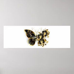 Gouden Bloem Vlinder met Zwarte Orchidee Poster