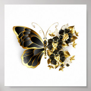Gouden Bloem Vlinder met Zwarte Orchidee Poster