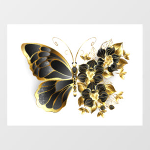 Gouden Bloem Vlinder met Zwarte Orchidee Raamsticker