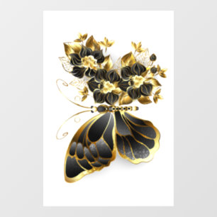 Gouden Bloem Vlinder met Zwarte Orchidee Raamsticker