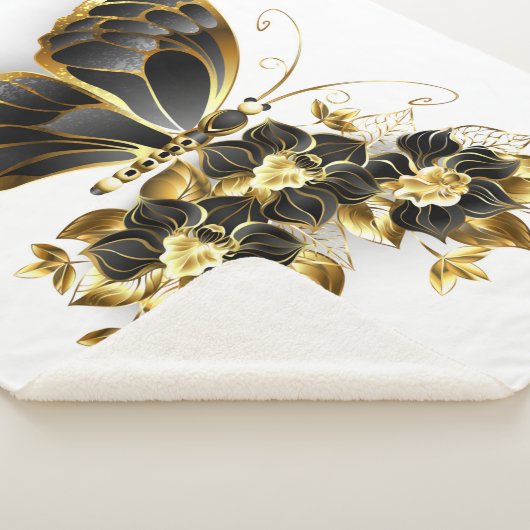 Gouden Bloem Vlinder met Zwarte Orchidee Sherpa Deken (3/4)
