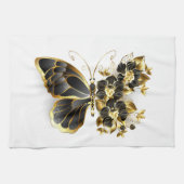 Gouden Bloem Vlinder met Zwarte Orchidee Theedoek (Horizontaal)