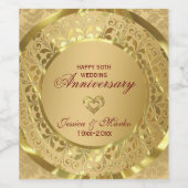 Gouden bloemdamast en harten- 5Oth Jubileum Wijn Etiket (Enkel label)