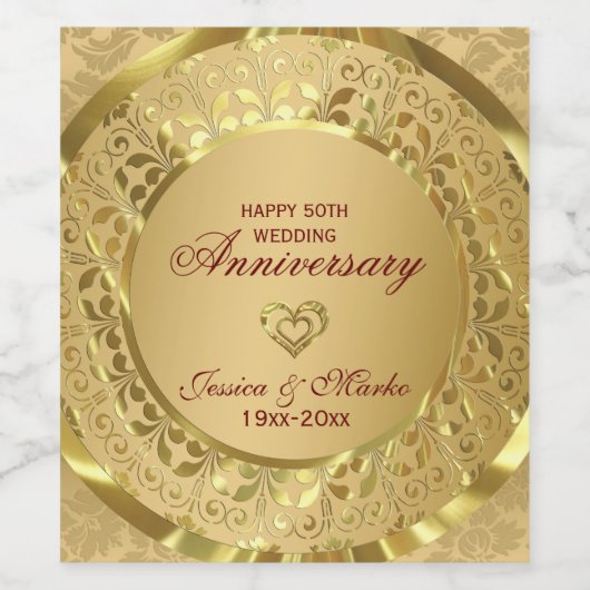 Gouden bloemdamast en harten- 5Oth Jubileum Wijn Etiket (Enkel label)