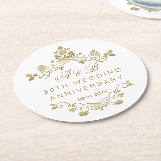 Gouden Bloemen 50ste bruiloft Jubileum Ronde Kartonnen Onderzetter (Gebogen)