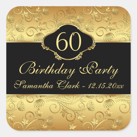 Gouden Bloemen 60ste Verjaardagsfeest Vierkante Sticker (Voorkant)