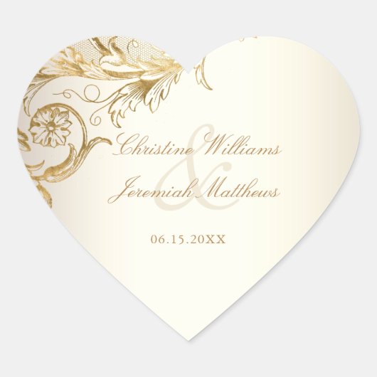  gouden bloemen Damask Elegant Script Wedding Hart Sticker (Voorkant)